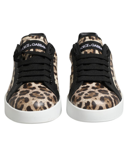 Dolce & Gabbana Brown Leather Leopard Low Top Sneakers