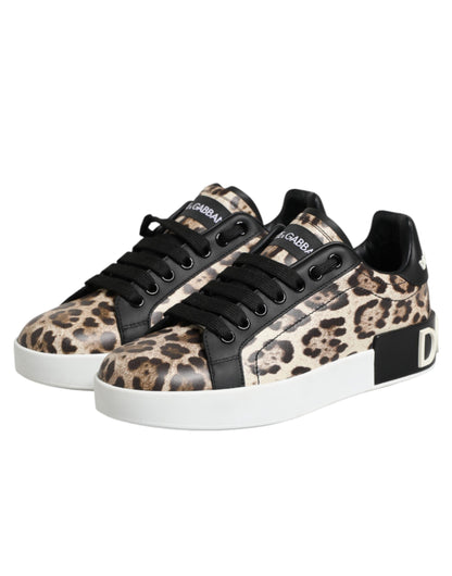 Dolce & Gabbana Brown Leather Leopard Low Top Sneakers