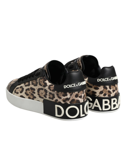 Dolce & Gabbana Brown Leather Leopard Low Top Sneakers