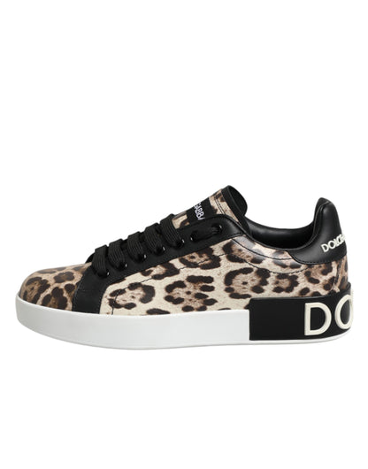 Dolce & Gabbana Brown Leather Leopard Low Top Sneakers
