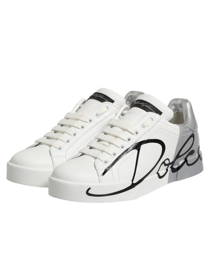 Dolce & Gabbana White Gray Low Top Leather Sneakers