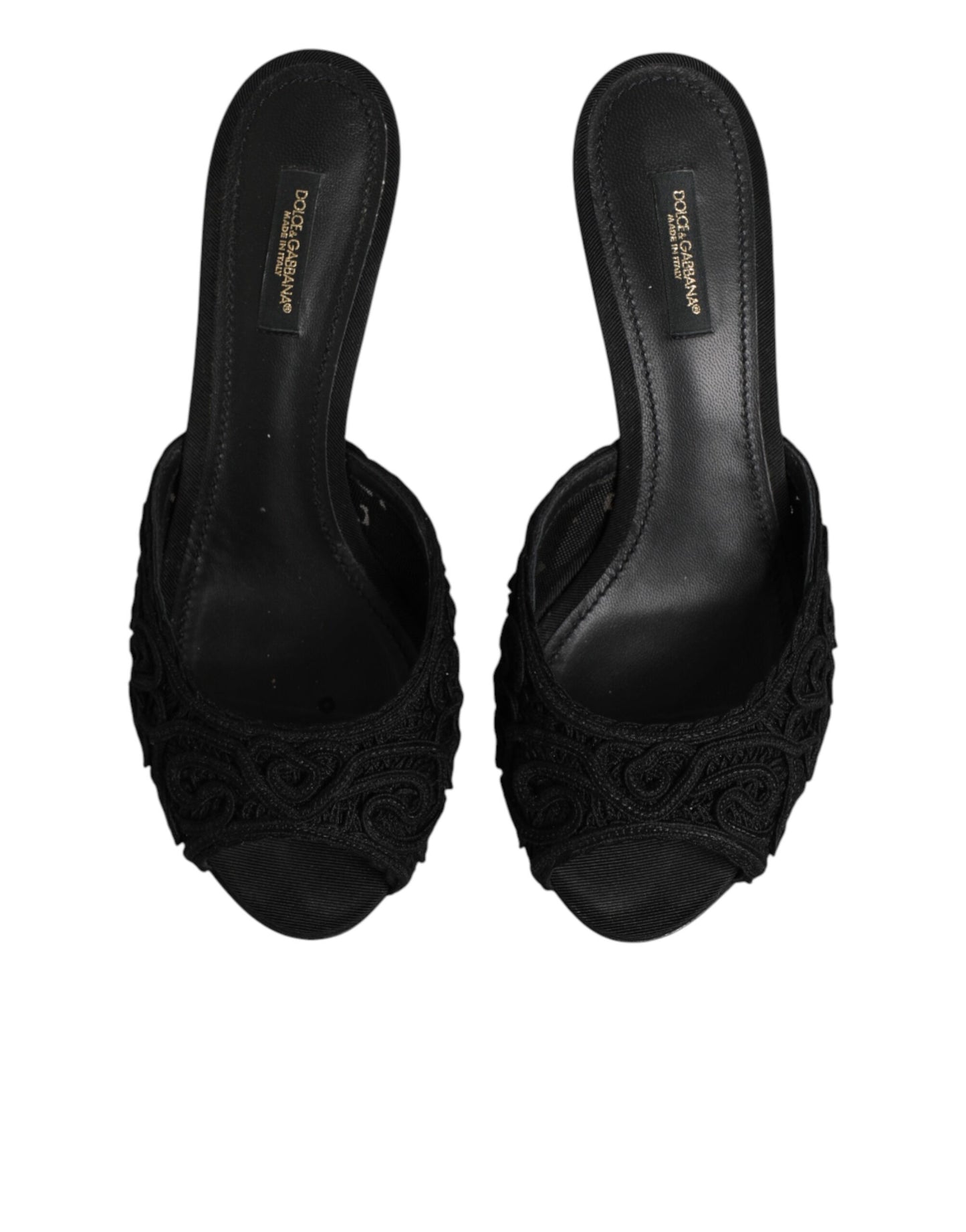 Dolce & Gabbana Black Embroidered Slip-On Heels Slides Shoes