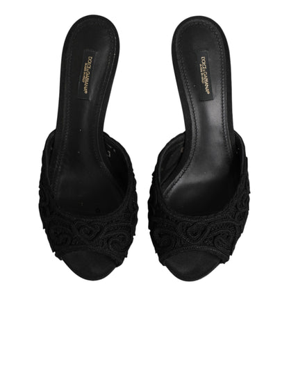 Dolce & Gabbana Black Embroidered Slip-On Heels Slides Shoes