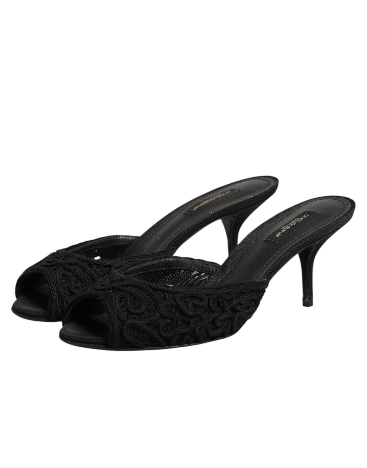 Dolce & Gabbana Black Embroidered Slip-On Heels Slides Shoes