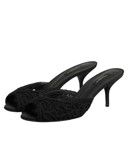 Dolce & Gabbana Black Embroidered Slip-On Heels Slides Shoes