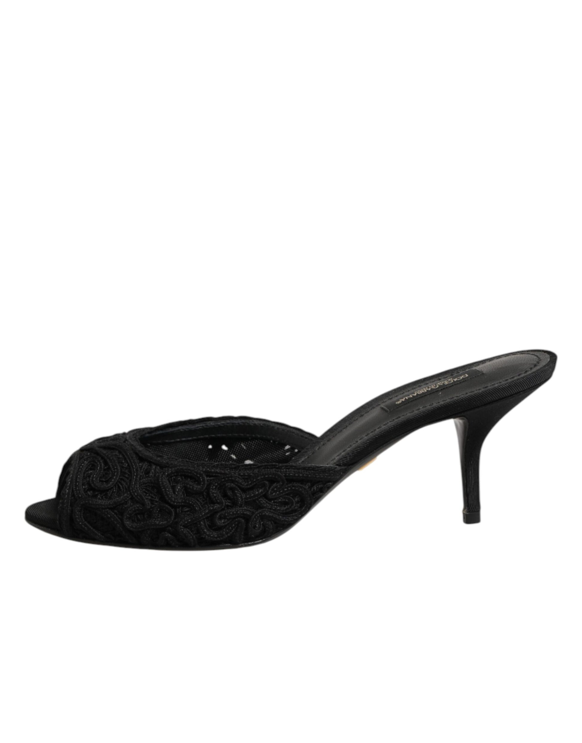 Dolce & Gabbana Black Embroidered Slip-On Heels Slides Shoes
