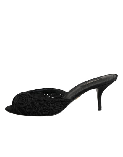 Dolce & Gabbana Black Embroidered Slip-On Heels Slides Shoes