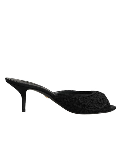 Dolce & Gabbana Black Embroidered Slip-On Heels Slides Shoes
