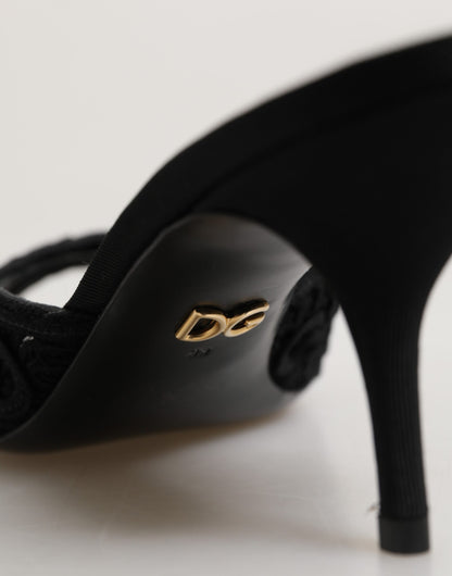 Dolce & Gabbana Black Embroidered Slip-On Heels Slides Shoes