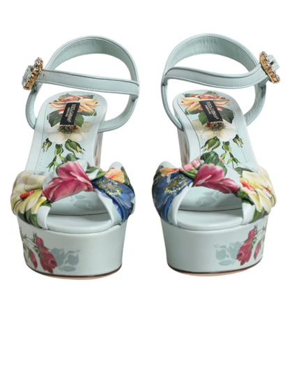 Dolce & Gabbana Green Floral Ankle Strap Wedge Sandals