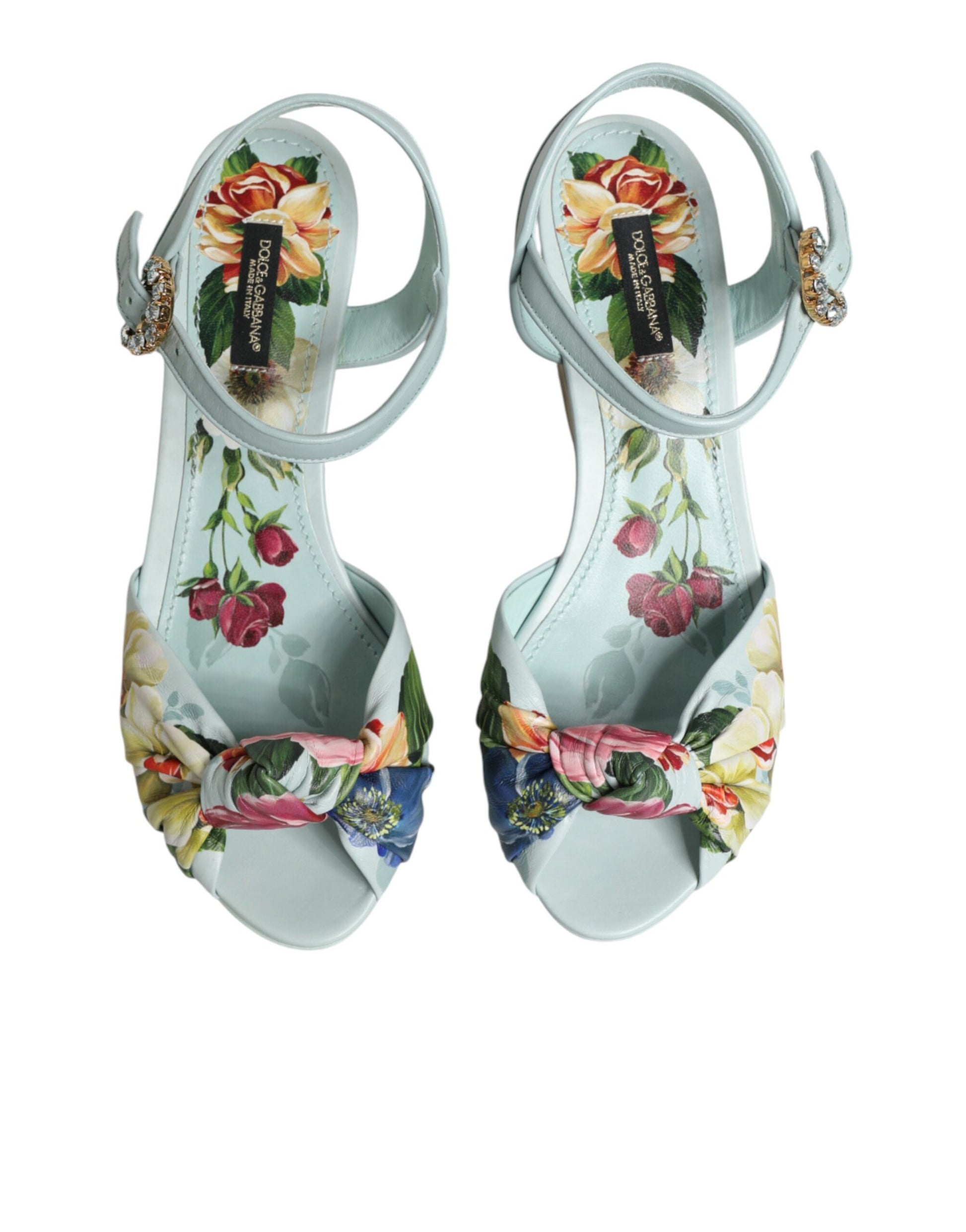 Dolce & Gabbana Green Floral Ankle Strap Wedge Sandals