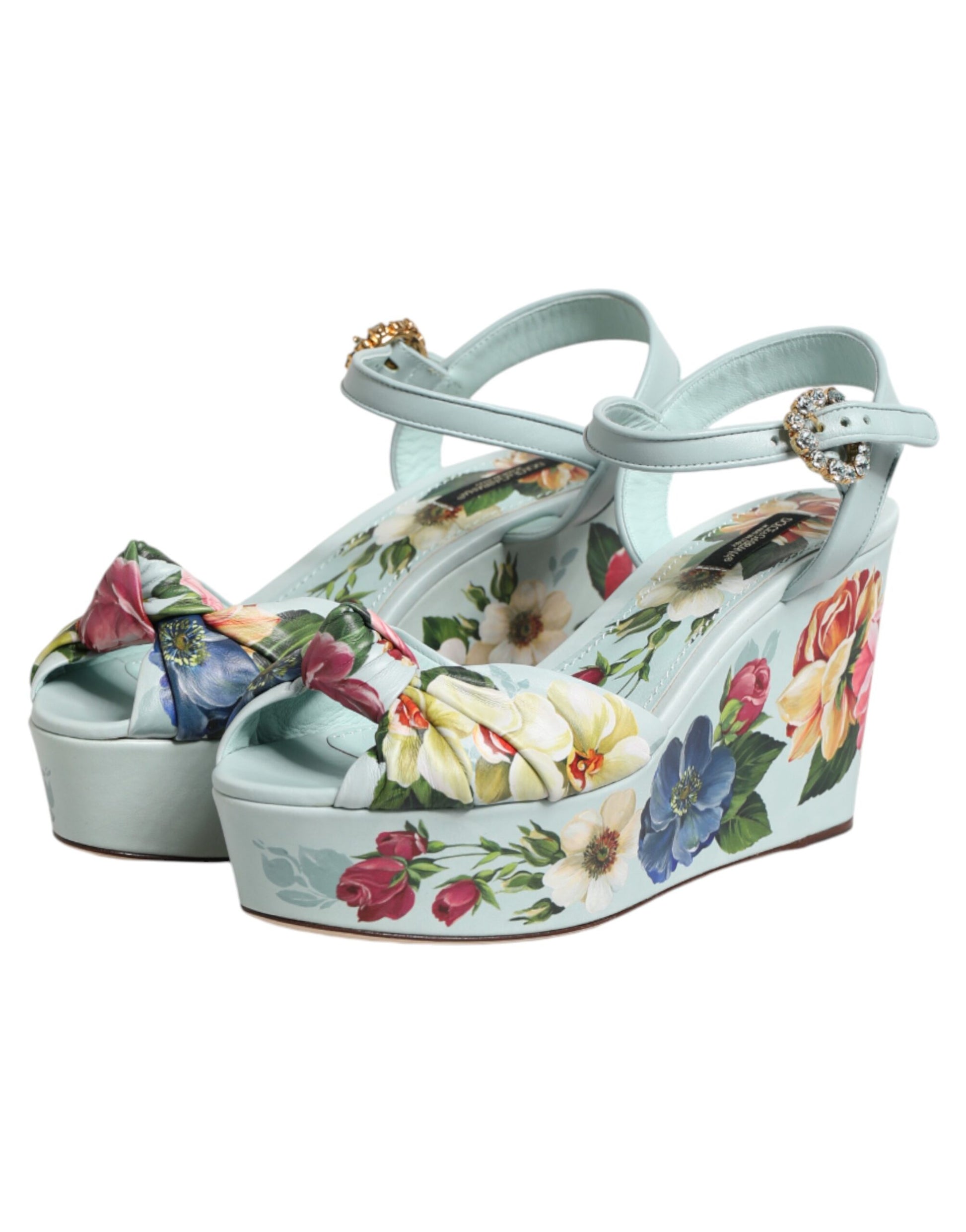 Dolce & Gabbana Green Floral Ankle Strap Wedge Sandals