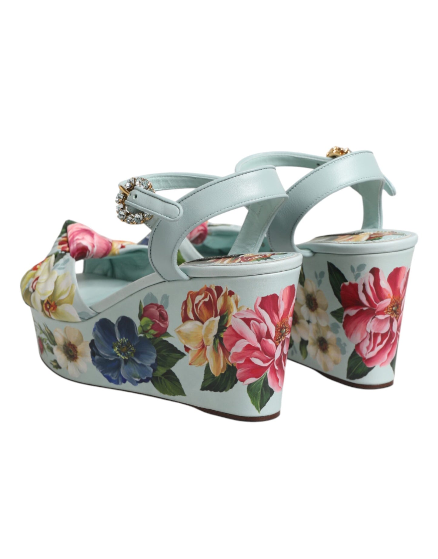 Dolce & Gabbana Green Floral Ankle Strap Wedge Sandals