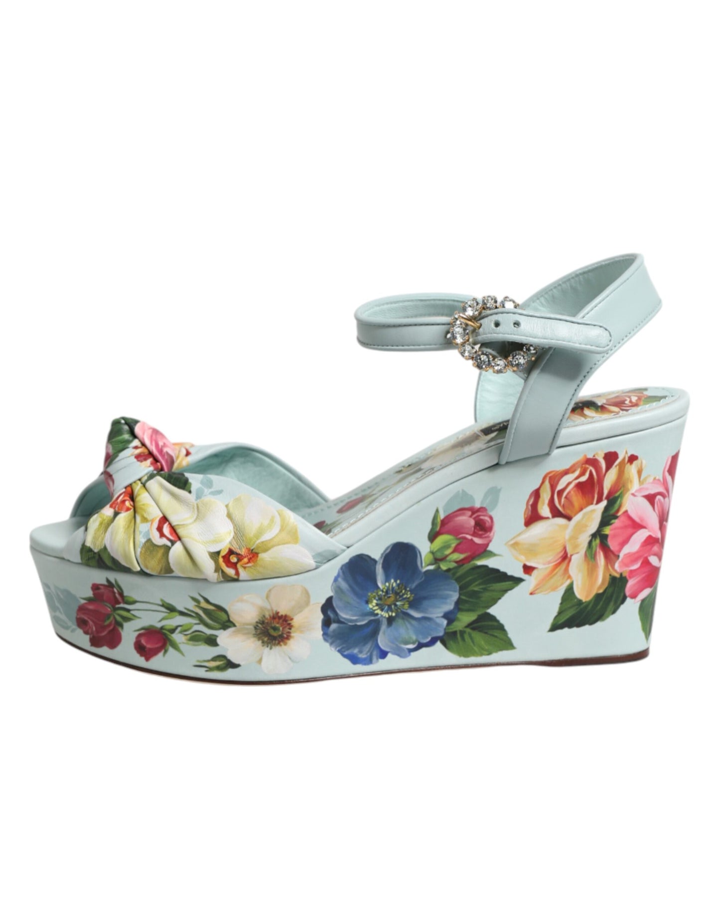 Dolce & Gabbana Green Floral Ankle Strap Wedge Sandals