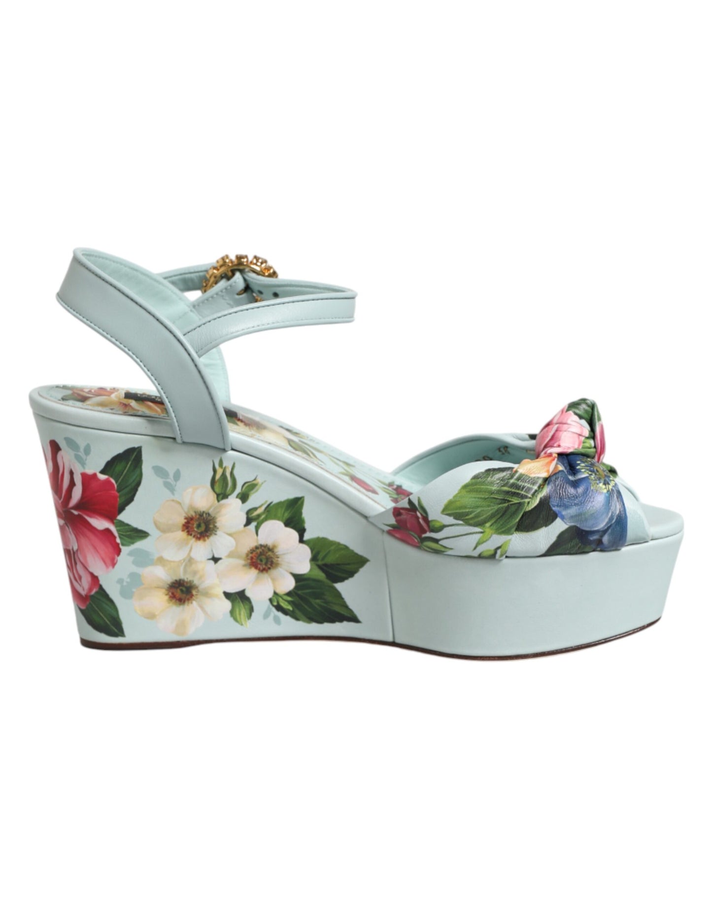 Dolce & Gabbana Green Floral Ankle Strap Wedge Sandals