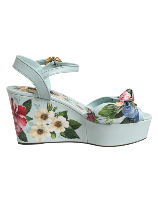 Dolce & Gabbana Green Floral Ankle Strap Wedge Sandals