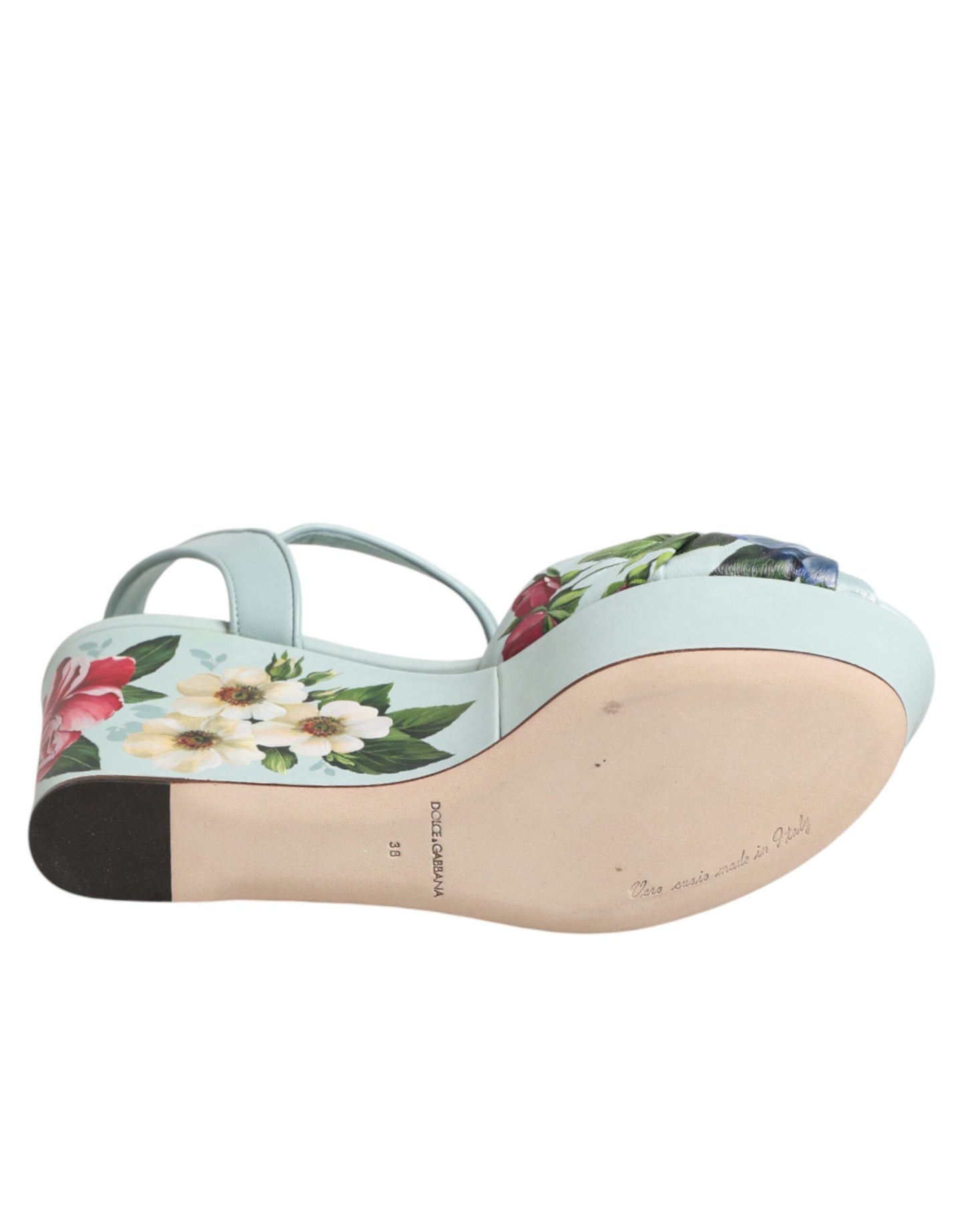 Dolce & Gabbana Green Floral Ankle Strap Wedge Sandals