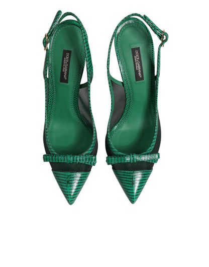 Dolce & Gabbana Green Leather Mesh Heels Slingback Shoes