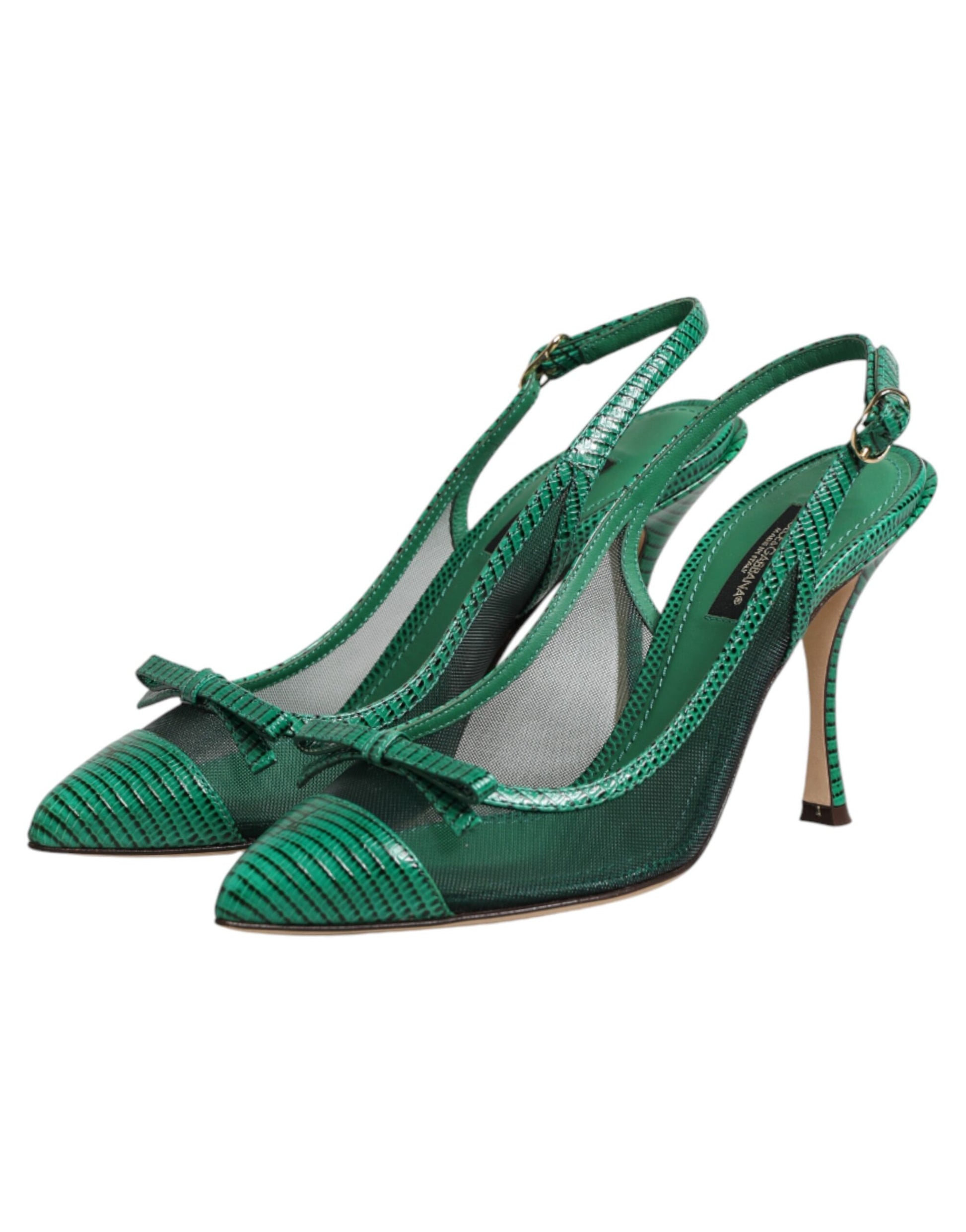 Dolce & Gabbana Green Leather Mesh Heels Slingback Shoes