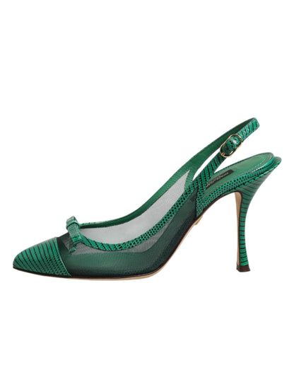 Dolce & Gabbana Green Leather Mesh Heels Slingback Shoes