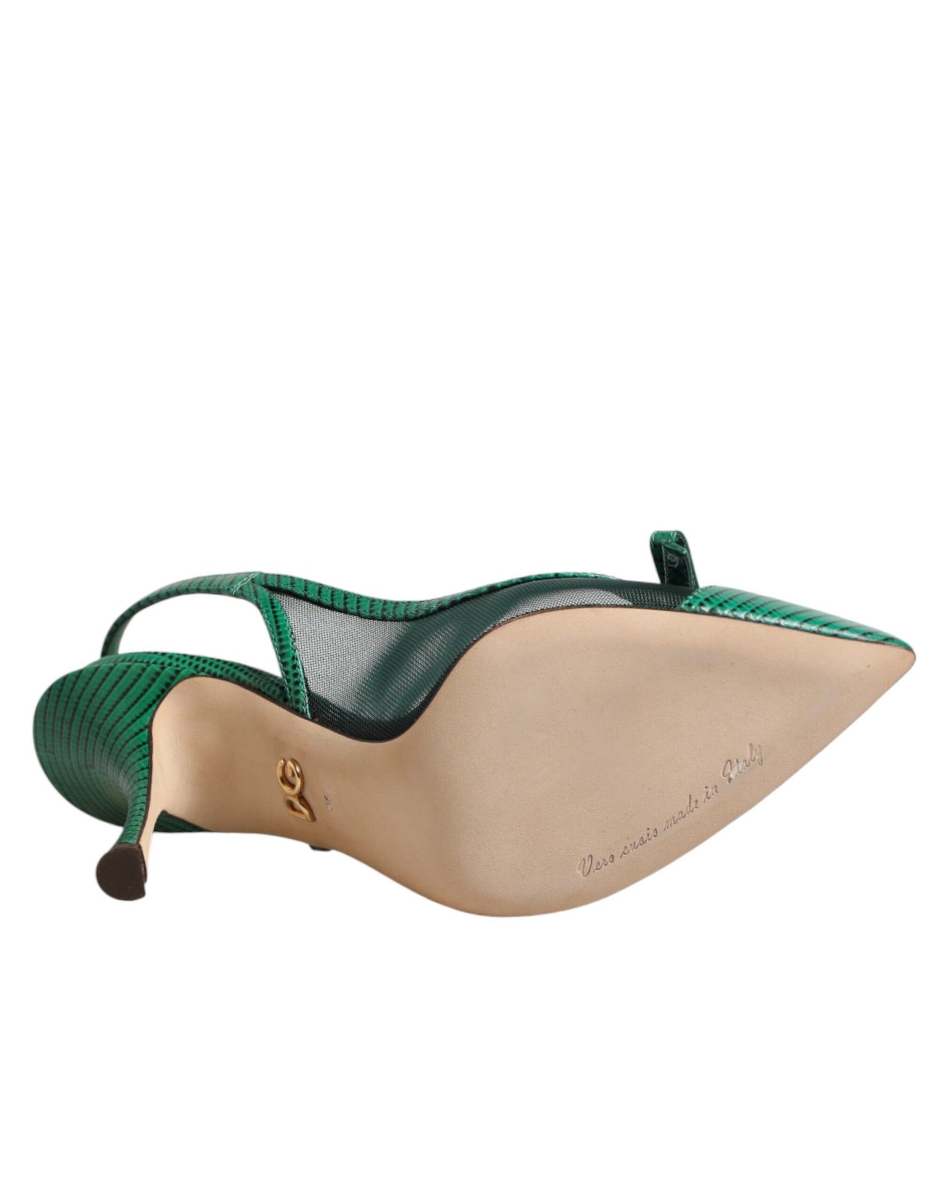 Dolce & Gabbana Green Leather Mesh Heels Slingback Shoes