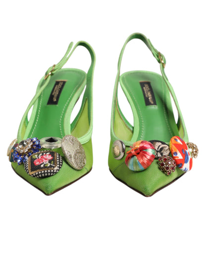 Dolce & Gabbana Green Embellished Heels Slingbacks