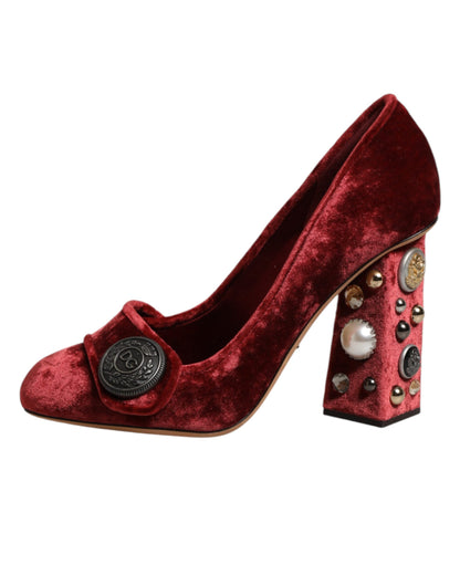 Dolce & Gabbana Red Velvet Embellished Heels Pumps Shoes
