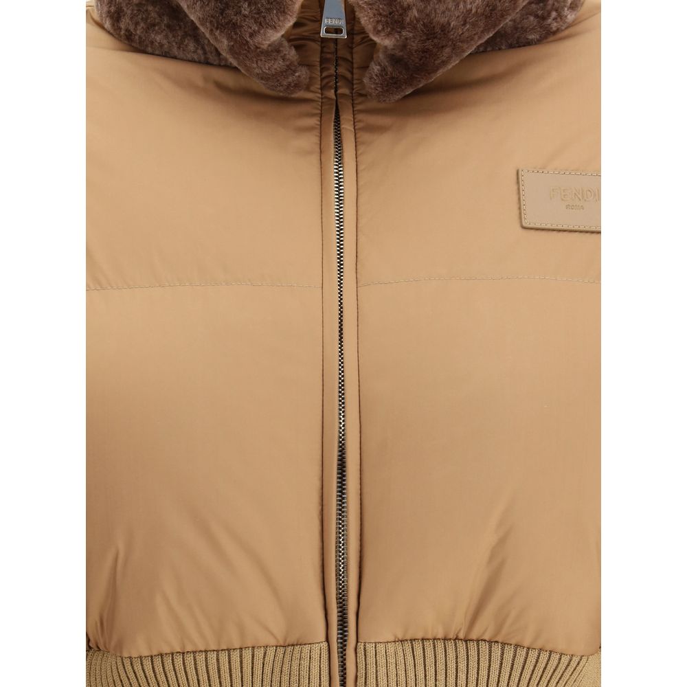 Fendi Brown Shearling-Collar Padded Jacket