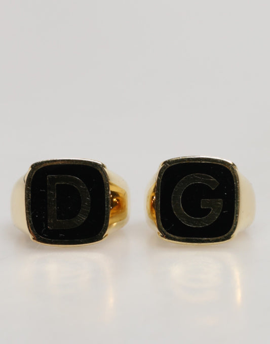 Dolce & Gabbana Gold-Tone Real Brass Black Enamel "DG" Adjustable Ring