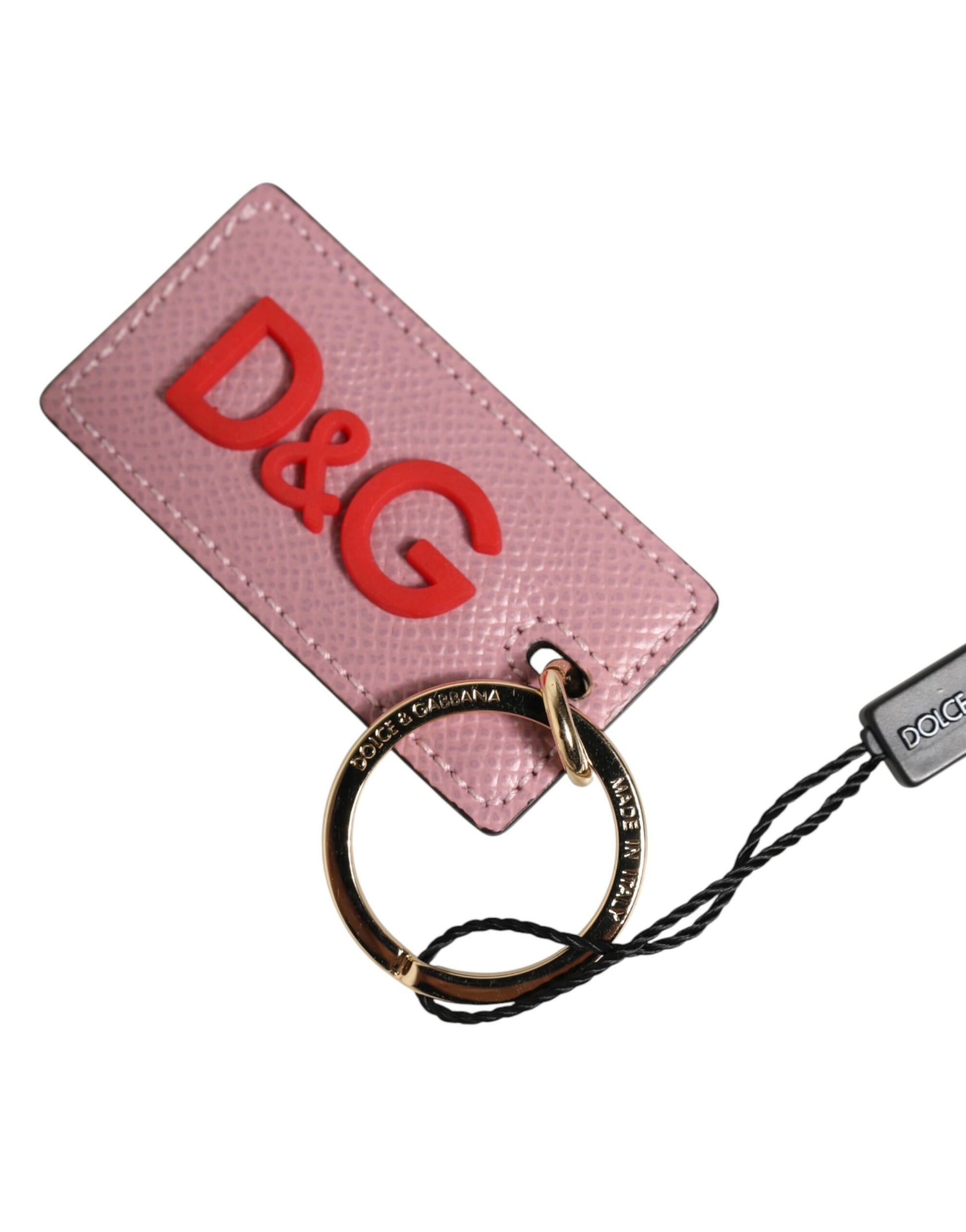 Dolce & Gabbana Pink Calf Leather Logo Metal Ring Men Keychain