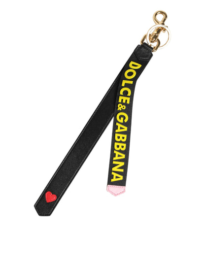 Dolce & Gabbana Black Yellow Logo Leather Brass Holder Keychain Keyring