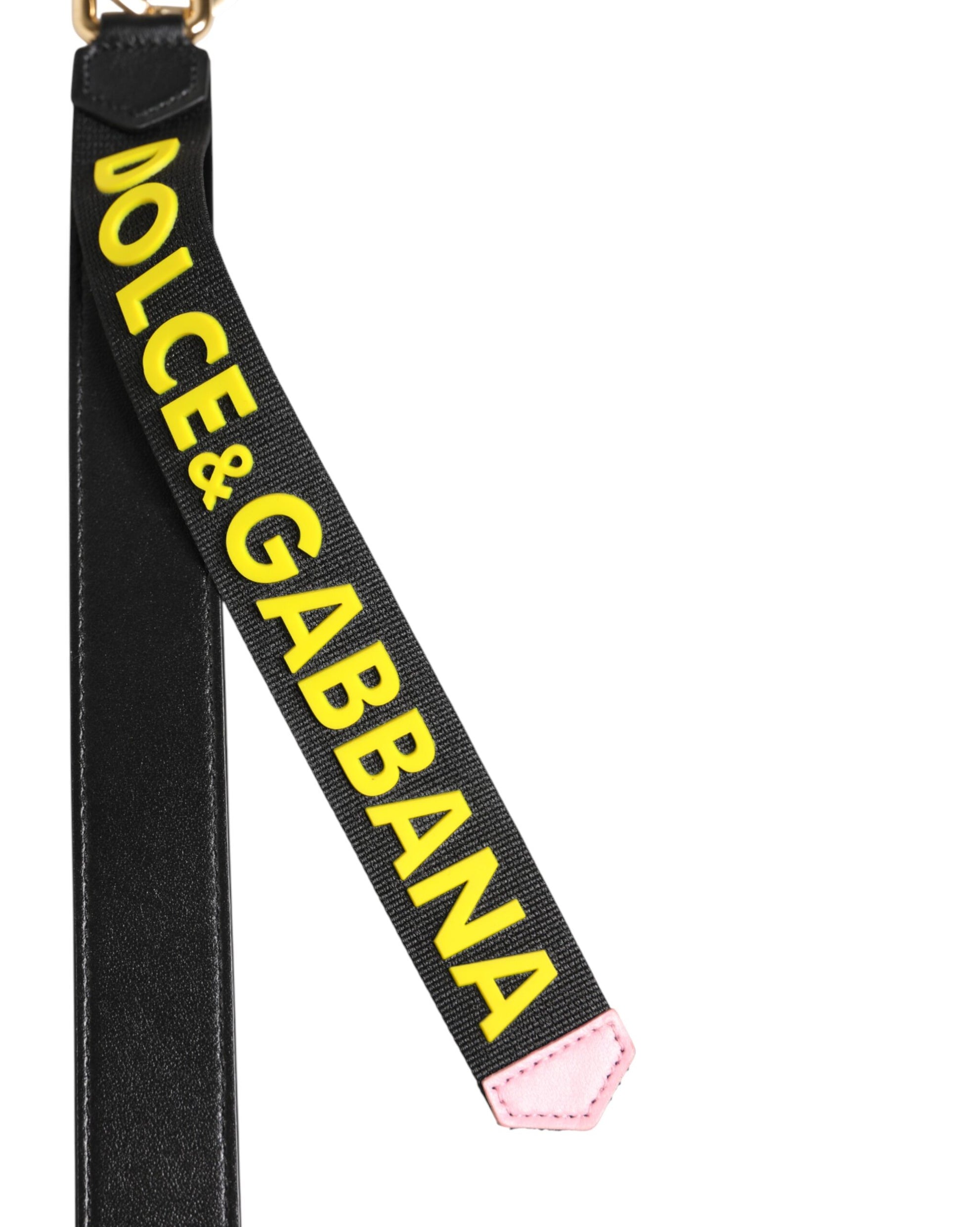 Dolce & Gabbana Black Yellow Logo Leather Brass Holder Keychain Keyring