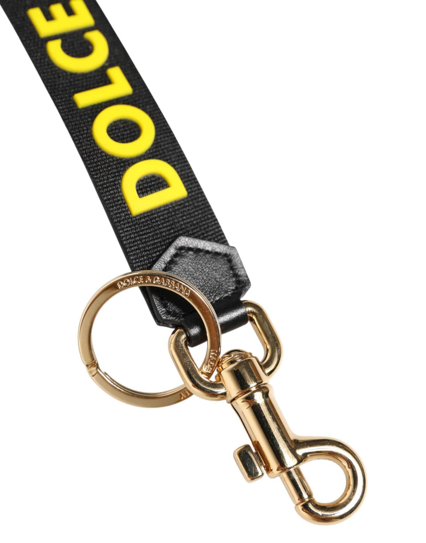 Dolce & Gabbana Black Yellow Logo Leather Brass Holder Keychain Keyring