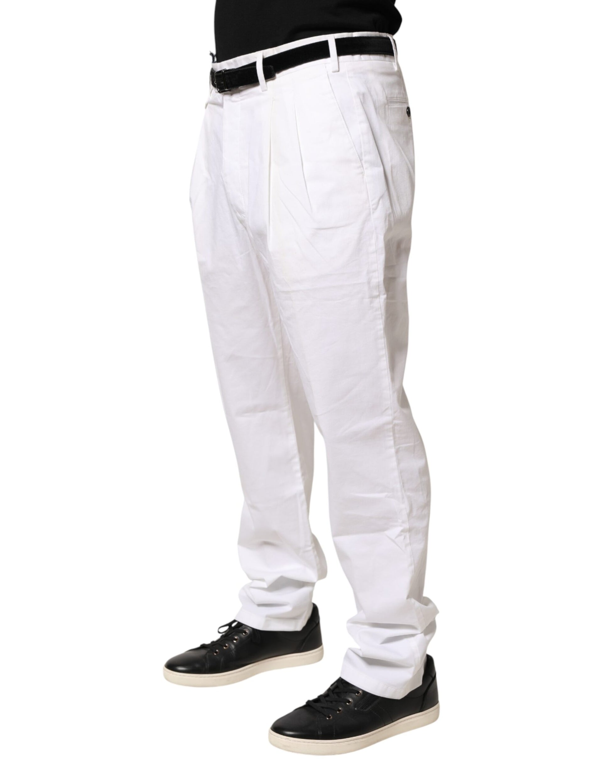 Lardini White Cotton Stretch Tapered Mid Waist Chino Pants