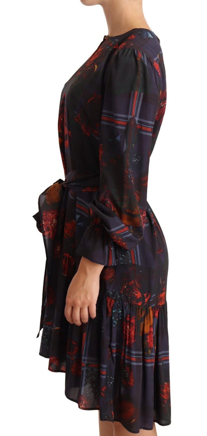 Ballantyne A-line Navy Blue Floral Silk Long Sleeve Knee Length Dress