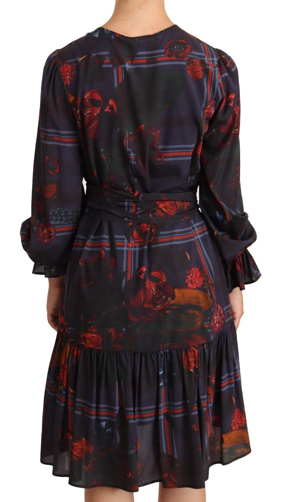 Ballantyne A-line Navy Blue Floral Silk Long Sleeve Knee Length Dress
