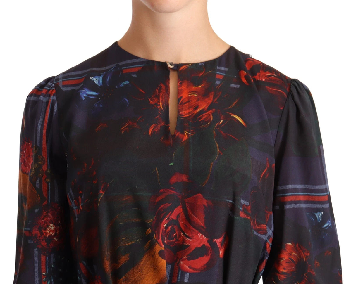 Ballantyne A-line Navy Blue Floral Silk Long Sleeve Knee Length Dress