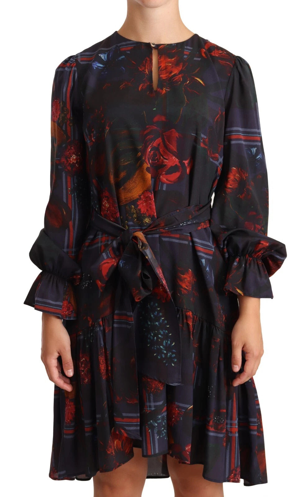 Ballantyne A-line Navy Blue Floral Silk Long Sleeve Knee Length Dress