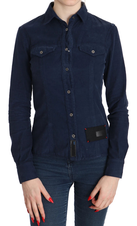 ACHT Cotton Blue Corduroy Long Sleeves Shirt Top Blouse