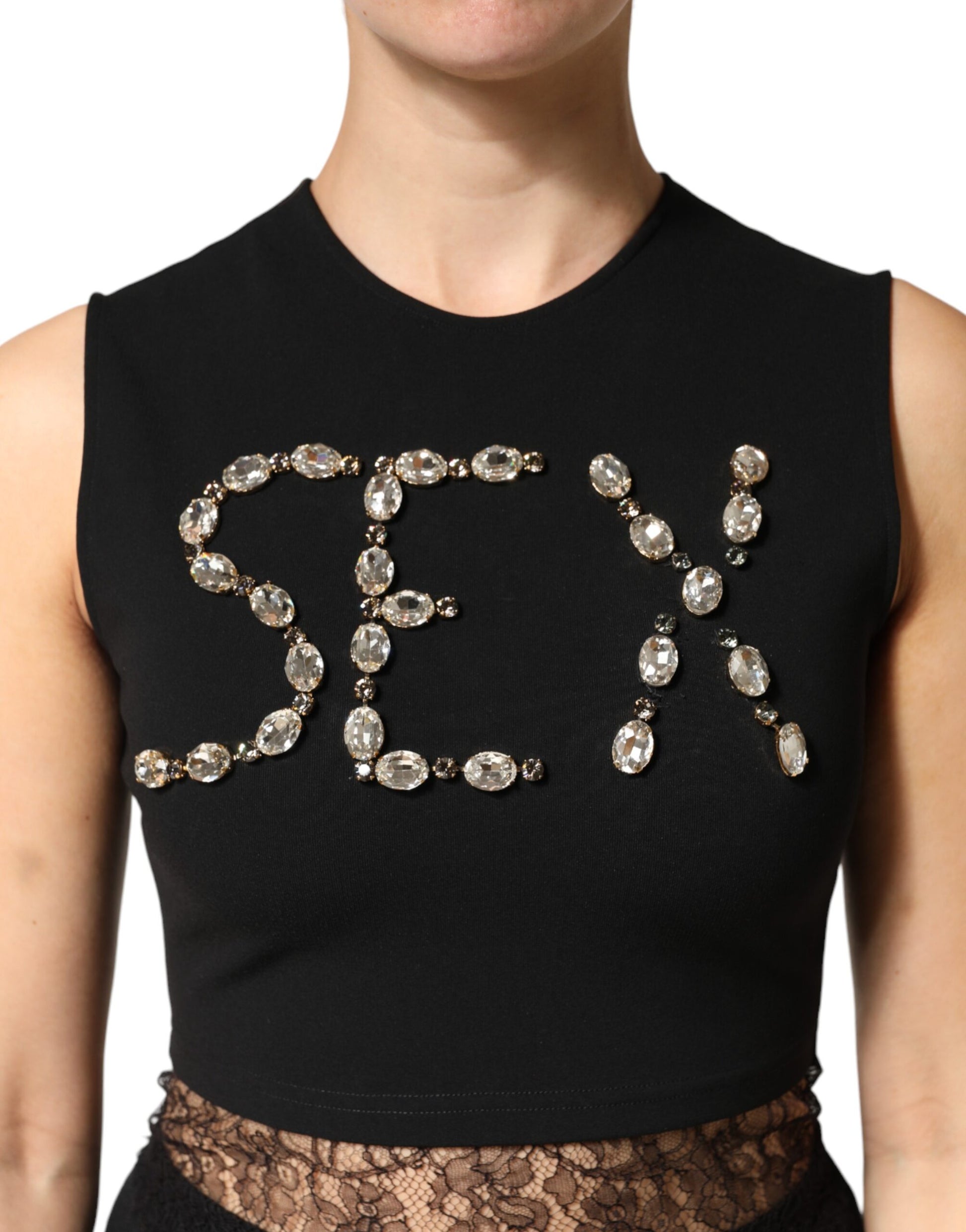Dolce & Gabbana Black Jersey Lace Ruching Rhinestone Tank Top