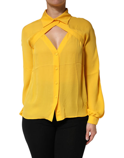 Moschino Couture Yellow Silk Collared Long Sleeves Top