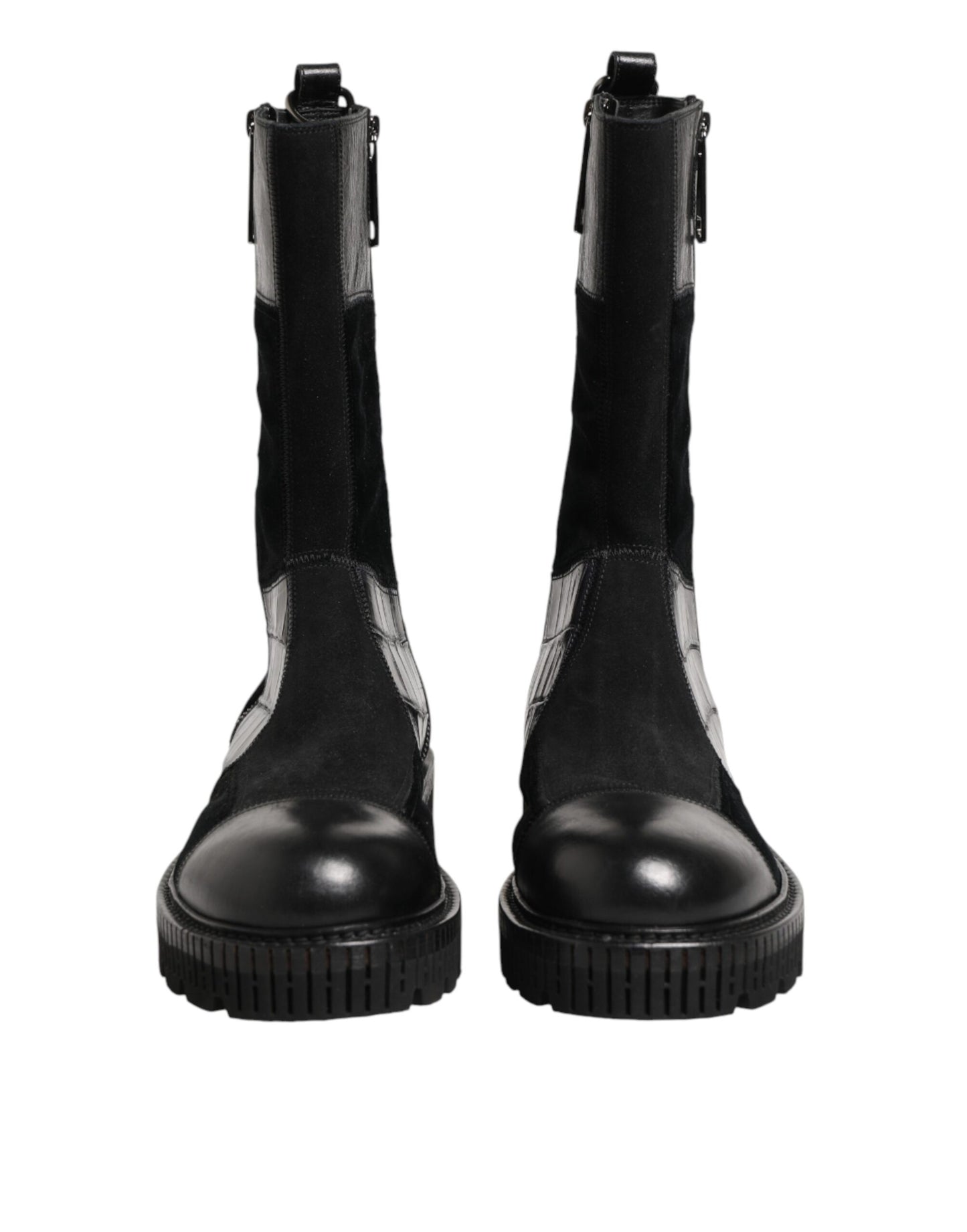Dolce & Gabbana Black Patchwork Leather Mid Calf Boots