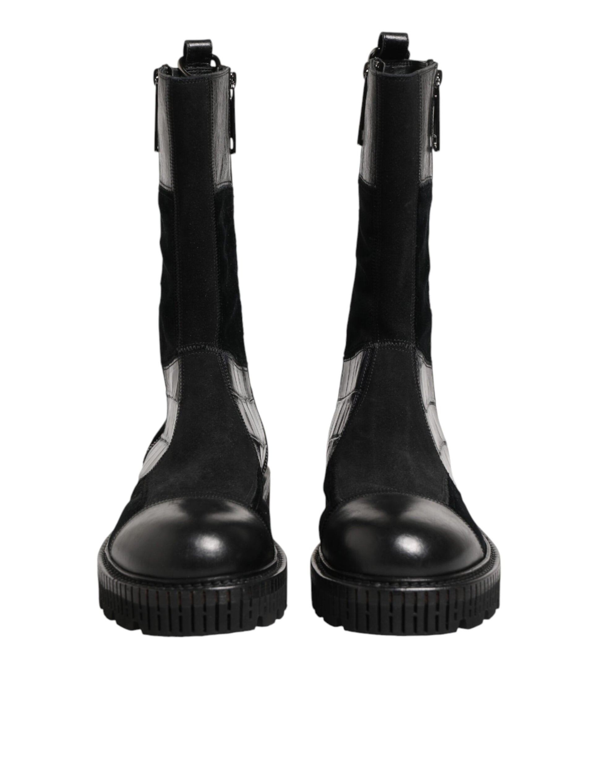 Dolce & Gabbana Black Patchwork Leather Mid Calf Boots