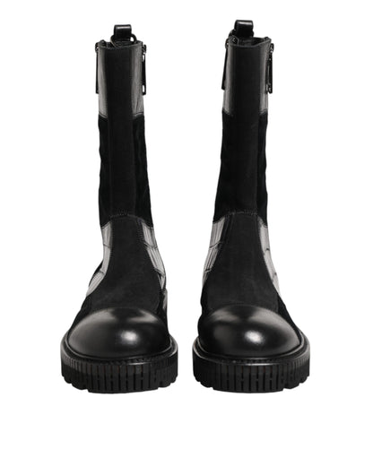 Dolce & Gabbana Black Patchwork Leather Mid Calf Boots
