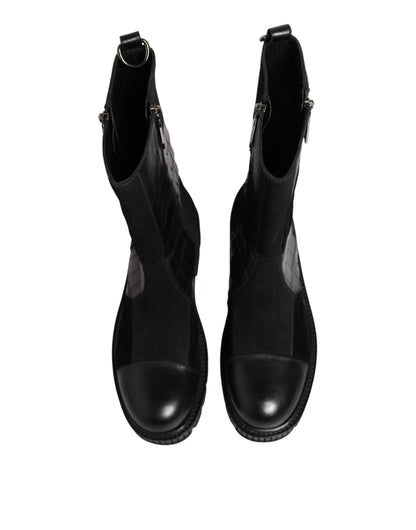 Dolce & Gabbana Black Patchwork Leather Mid Calf Boots