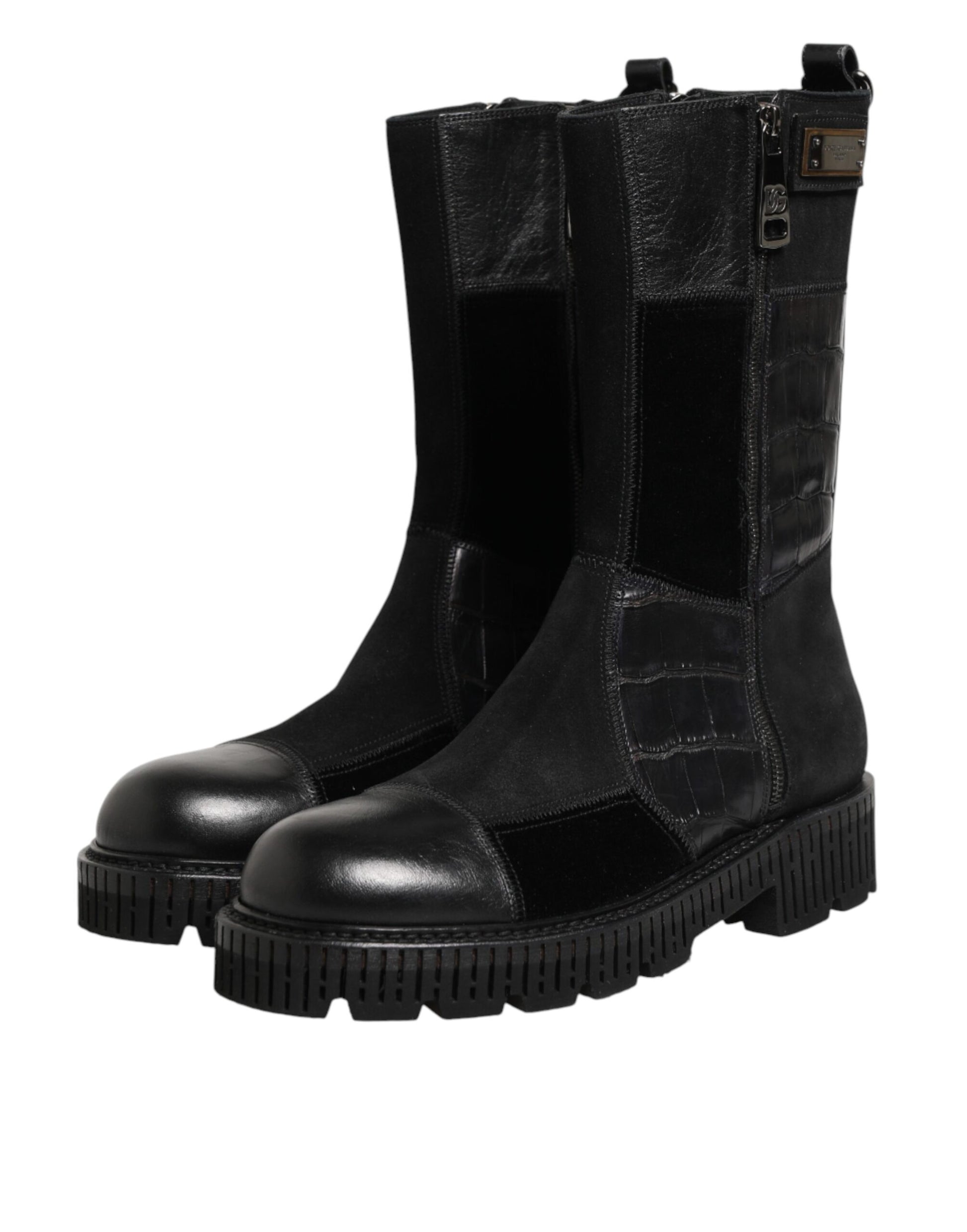 Dolce & Gabbana Black Patchwork Leather Mid Calf Boots