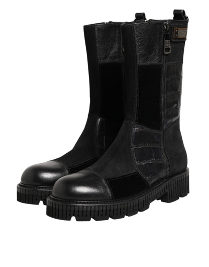 Dolce & Gabbana Black Patchwork Leather Mid Calf Boots