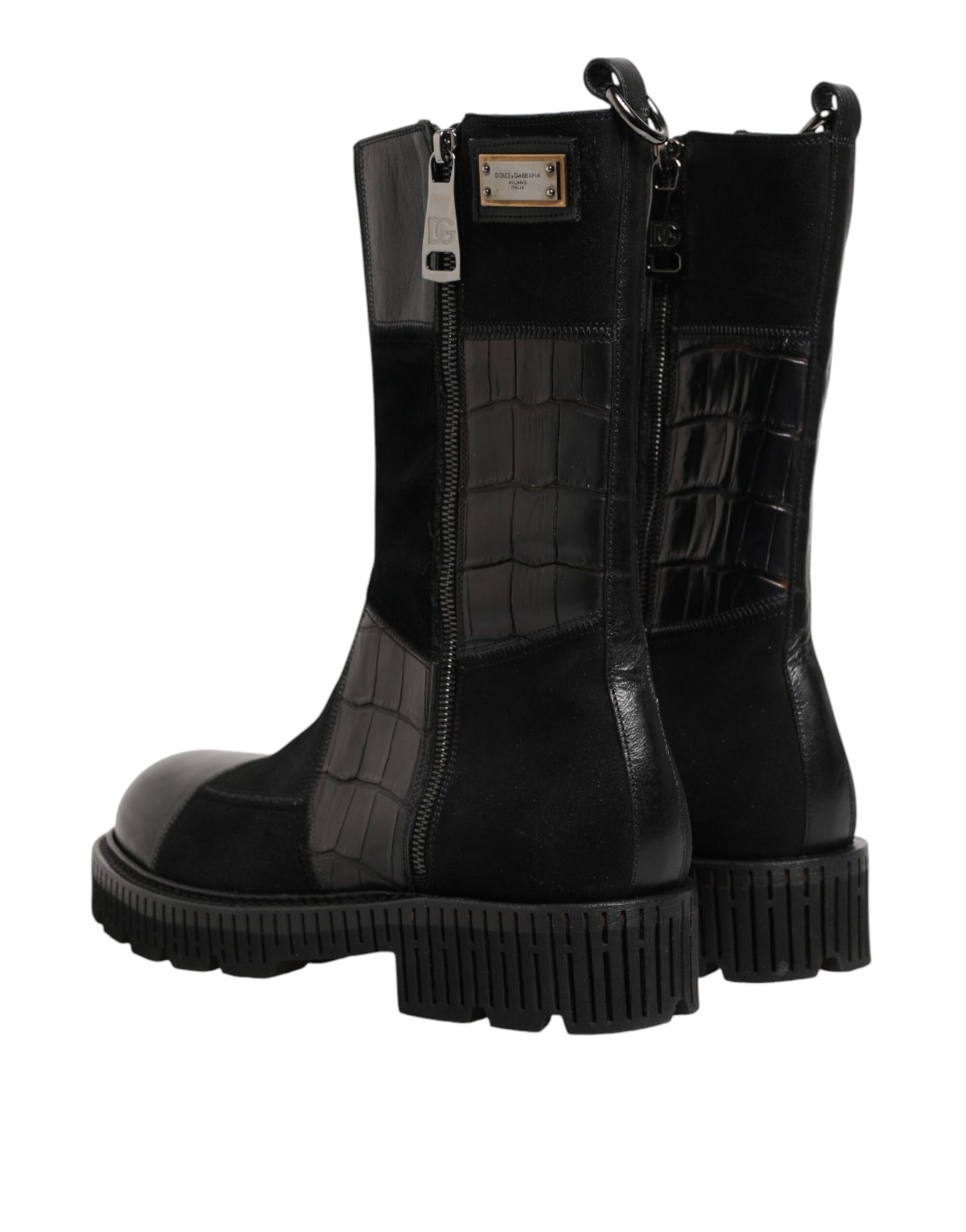 Dolce & Gabbana Black Patchwork Leather Mid Calf Boots