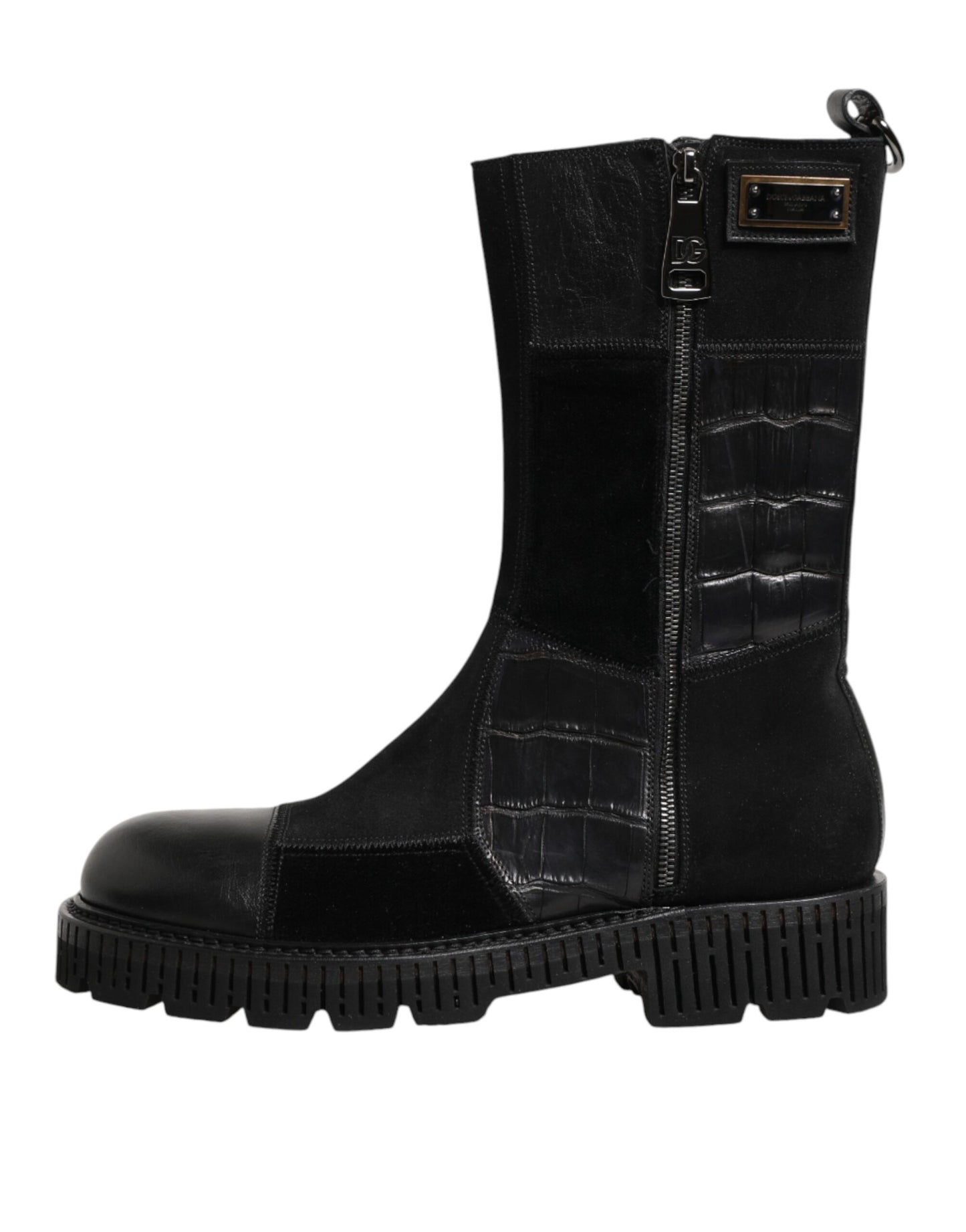 Dolce & Gabbana Black Patchwork Leather Mid Calf Boots