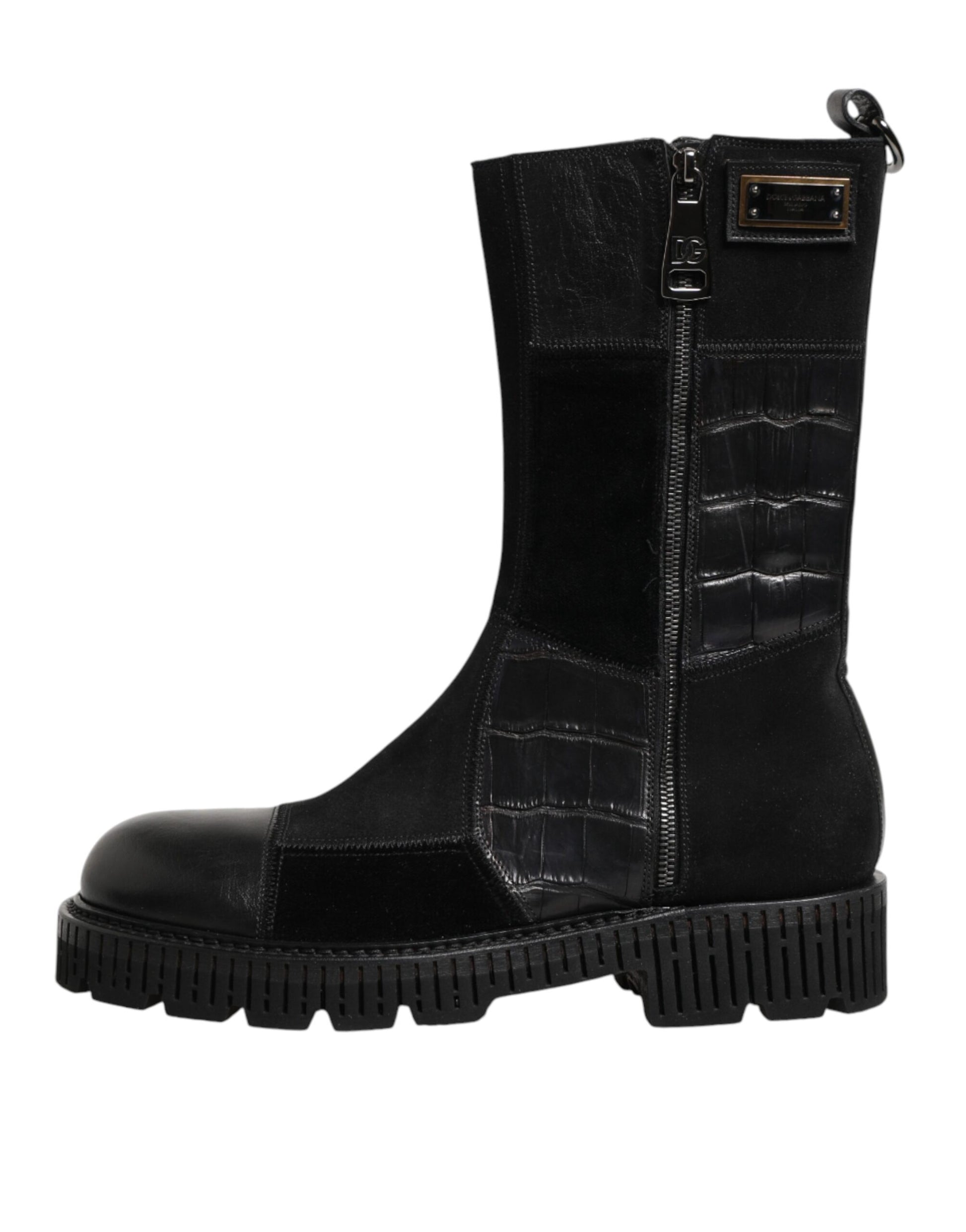 Dolce & Gabbana Black Patchwork Leather Mid Calf Boots